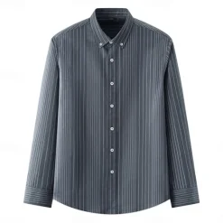 Online OUKU Men's Oxford Shirt Black Navy Blue Green Light Grey Dark Grey Long Sleeve Striped Vertical Stripes Button Down Collar School Wedding Buttons Clothing Apparel Neutral Fashion Daily