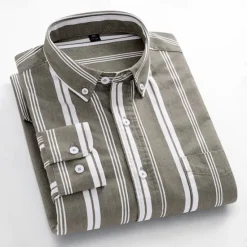 OUKU Men's Oxford Shirt Brown Green Dark Grey Taupe Long Sleeve Color Block Striped Button Down Collar School Wedding Buttons Clothing Apparel Neutral Fashion Daily