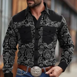 Sale OUKU Men's Paisley Cowboy Western Shirt Button Up Shirt Cowboy Shirt Long Sleeve Vintage Western Daily Holiday Fall Winter Spring & Summer Turndown Collared Shirts 3D Print Black