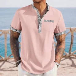 Discount OUKU Men's Paisley Ethnic Shirt Henley Shirt Stand Collar Shirt Short Sleeve Vintage Retro Vacation Daily Summer Spring Mandarin Collar Band Collar Buttons Front One Pocket Linen Like Shirt Pink Blue