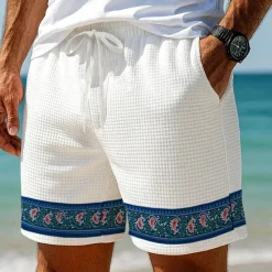 Clearance OUKU Men's Paisley Floral Print Flowers Waffle Shorts Sweat Shorts Casual Shorts Mid Waist Fashion Casual Vacation Jogging Workout Elastic Drawstring Waist Shorts with Pockets Designer Clothing Apparel