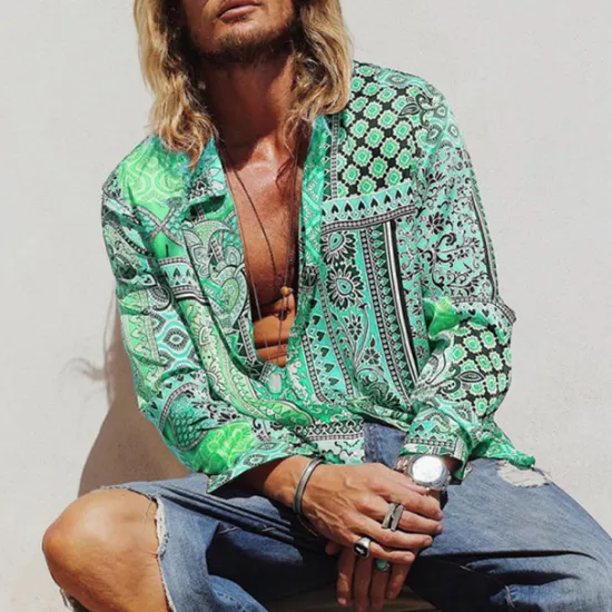 Online OUKU Men's Paisley Tribal Shirt Boho Shirt Long Sleeve Fashion Designer Casual Outdoor Casual Daily Spring & Fall Turndown 3D Button-Down Light Pink Yellow Blue Green