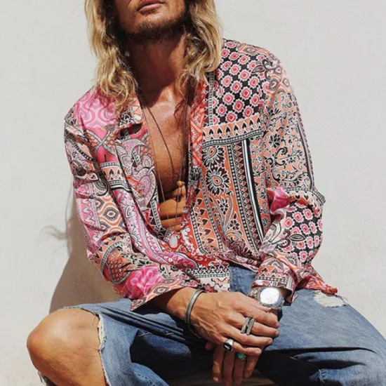 Online OUKU Men's Paisley Tribal Shirt Boho Shirt Long Sleeve Fashion Designer Casual Outdoor Casual Daily Spring & Fall Turndown 3D Button-Down Light Pink Yellow Blue Green