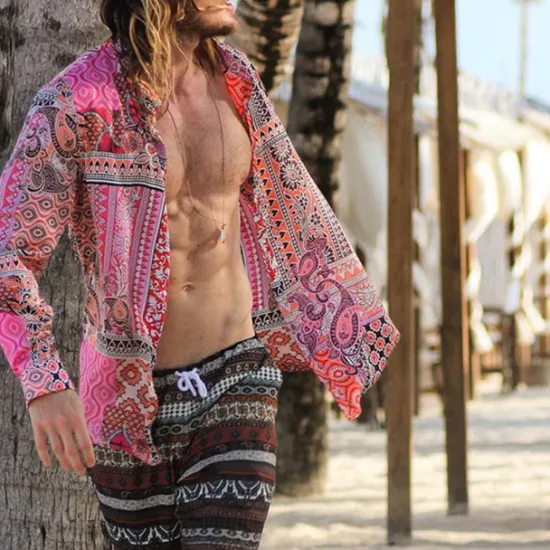 Online OUKU Men's Paisley Tribal Shirt Boho Shirt Long Sleeve Fashion Designer Casual Outdoor Casual Daily Spring & Fall Turndown 3D Button-Down Light Pink Yellow Blue Green