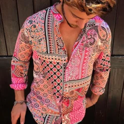 Online OUKU Men's Paisley Tribal Shirt Boho Shirt Long Sleeve Fashion Designer Casual Outdoor Casual Daily Spring & Fall Turndown 3D Button-Down Light Pink Yellow Blue Green