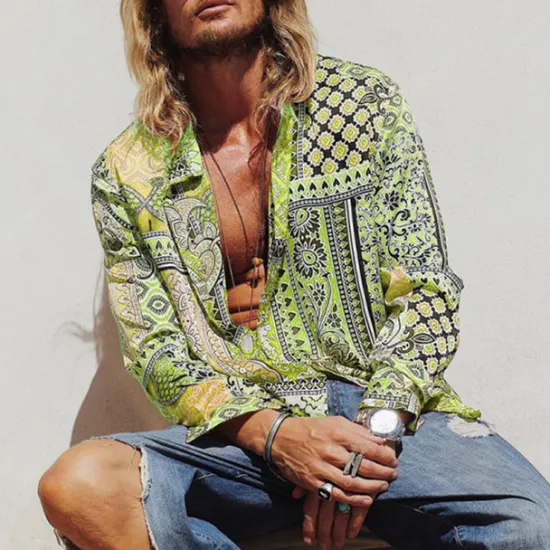 Online OUKU Men's Paisley Tribal Shirt Boho Shirt Long Sleeve Fashion Designer Casual Outdoor Casual Daily Spring & Fall Turndown 3D Button-Down Light Pink Yellow Blue Green