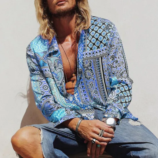 Online OUKU Men's Paisley Tribal Shirt Boho Shirt Long Sleeve Fashion Designer Casual Outdoor Casual Daily Spring & Fall Turndown 3D Button-Down Light Pink Yellow Blue Green