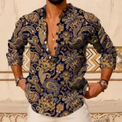 New OUKU Men's Paisley Vintage Shirt Button Up Shirt Long Sleeve Vintage Fashion Streetwear Outdoor Casual Daily Summer Spring Fall Stand Collar Print Pink Blue Brown Green