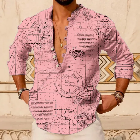 New OUKU Men's Paisley Vintage Shirt Button Up Shirt Long Sleeve Vintage Fashion Streetwear Outdoor Casual Daily Summer Spring Fall Stand Collar Print Pink Blue Brown Green