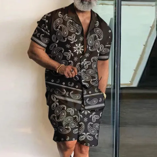 Discount OUKU Men's Paisley Vintage Tropical Flowers 2pcs Shirts Sets Summer Hawaiian Shirt Short Sleeve Short Pants Cuban Collar Fashion Streetwear Designer Outdoor Street Casual Print Summer Spring Black Navy