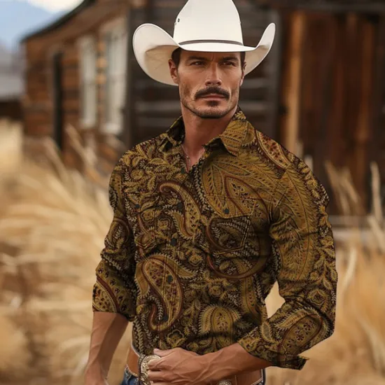 New OUKU Men's Paisley Western Shirt Cowboy Shirt Long Sleeve Vintage Western Style Tribal Outdoor Vacation Horse Race Spring & Summer Turndown Print Button-Down Dark Red Black Yellow Navy Blue Royal Blue