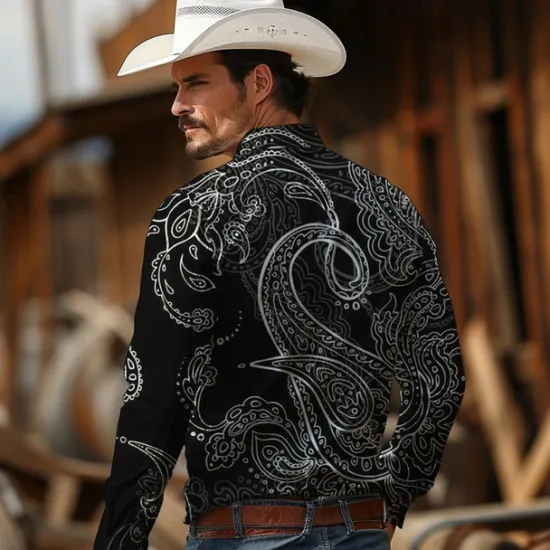 New OUKU Men's Paisley Western Shirt Cowboy Shirt Long Sleeve Vintage Western Style Tribal Outdoor Vacation Horse Race Spring & Summer Turndown Print Button-Down Dark Red Black Yellow Navy Blue Royal Blue