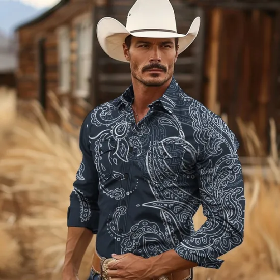 New OUKU Men's Paisley Western Shirt Cowboy Shirt Long Sleeve Vintage Western Style Tribal Outdoor Vacation Horse Race Spring & Summer Turndown Print Button-Down Dark Red Black Yellow Navy Blue Royal Blue
