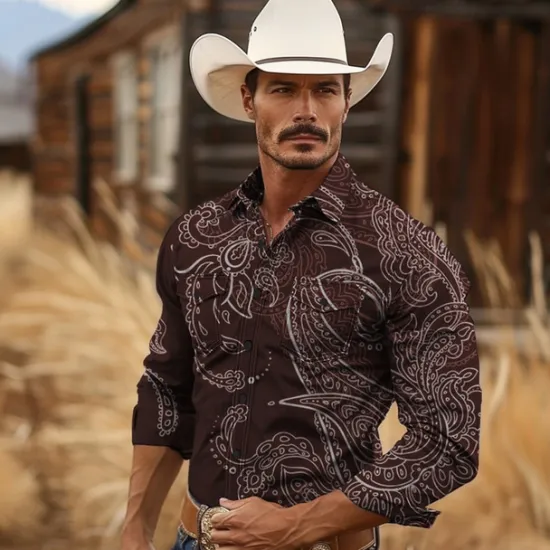 New OUKU Men's Paisley Western Shirt Cowboy Shirt Long Sleeve Vintage Western Style Tribal Outdoor Vacation Horse Race Spring & Summer Turndown Print Button-Down Dark Red Black Yellow Navy Blue Royal Blue