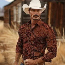 New OUKU Men's Paisley Western Shirt Cowboy Shirt Long Sleeve Vintage Western Style Tribal Outdoor Vacation Horse Race Spring & Summer Turndown Print Button-Down Dark Red Black Yellow Navy Blue Royal Blue