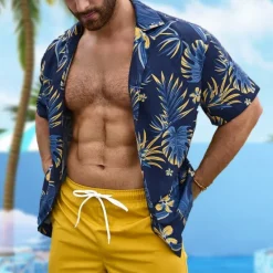 Hot OUKU Men's Palm Leaf Casual Shirt Aloha Shirt Short Sleeve Hawaiian Resort Vacation Casual Summer Spring Turndown Button Up Blue