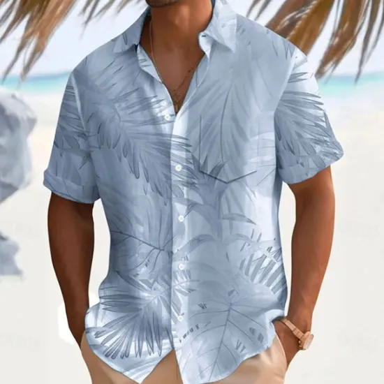 Hot OUKU Men's Palm Leaf Casual Shirt Summer Hawaiian Shirt Aloha Shirt Short Sleeve Hawaiian Resort Vacation Casual Summer Spring Turndown Button Up White Pink Blue Green Beige
