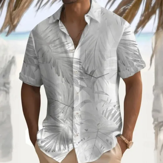 Hot OUKU Men's Palm Leaf Casual Shirt Summer Hawaiian Shirt Aloha Shirt Short Sleeve Hawaiian Resort Vacation Casual Summer Spring Turndown Button Up White Pink Blue Green Beige
