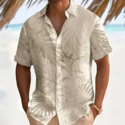 Hot OUKU Men's Palm Leaf Casual Shirt Summer Hawaiian Shirt Aloha Shirt Short Sleeve Hawaiian Resort Vacation Casual Summer Spring Turndown Button Up White Pink Blue Green Beige