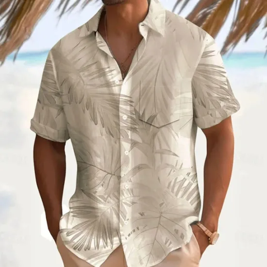 Hot OUKU Men's Palm Leaf Casual Shirt Summer Hawaiian Shirt Aloha Shirt Short Sleeve Hawaiian Resort Vacation Casual Summer Spring Turndown Button Up White Pink Blue Green Beige