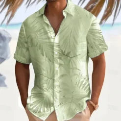 Hot OUKU Men's Palm Leaf Casual Shirt Summer Hawaiian Shirt Aloha Shirt Short Sleeve Hawaiian Resort Vacation Casual Summer Spring Turndown Button Up White Pink Blue Green Beige