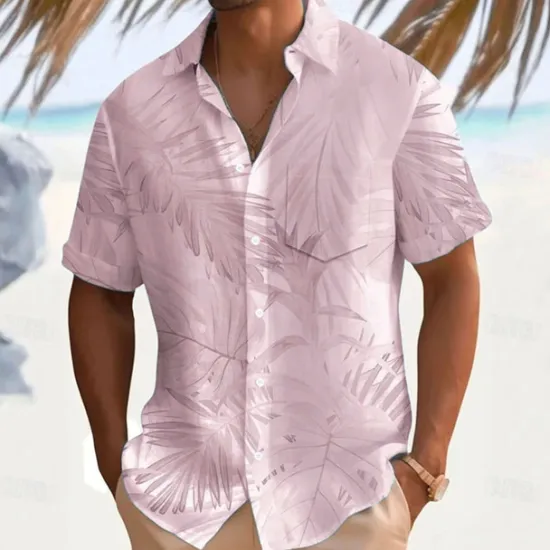 Hot OUKU Men's Palm Leaf Casual Shirt Summer Hawaiian Shirt Aloha Shirt Short Sleeve Hawaiian Resort Vacation Casual Summer Spring Turndown Button Up White Pink Blue Green Beige