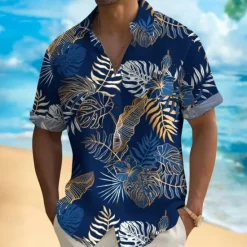 Hot OUKU Men's Palm Leaf Casual Shirt Summer Hawaiian Shirt Aloha Shirt Short Sleeve Hawaiian Resort Vacation Casual Summer Spring Turndown Button Up Blue Green