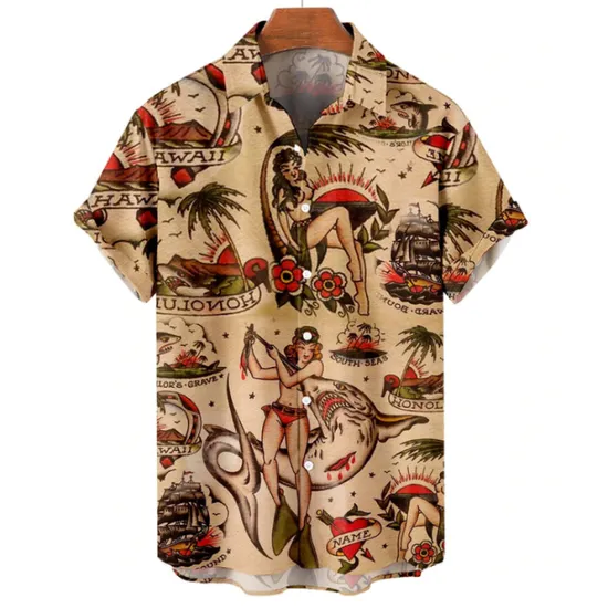 Discount OUKU Men's Palm Leaf Pin Up Girl Shirt Summer Hawaiian Shirt Aloha Shirt Short Sleeve Shirt Turndown Vintage Fashion Designer Vacation Casual Daily Yellow Blue Brown Print S M L
