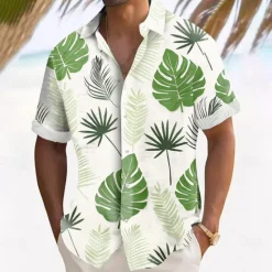 New OUKU Men's Palm Leaf Tropical Plants Shirt Summer Hawaiian Shirt Button Up Shirt Short Sleeve Hawaiian Resort Vacation Holiday Beach Wear Summer Spring Turndown 3D Print Collared Shirts White Blue