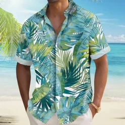 New OUKU Men's Palm Leaf Tropical Plants Shirt Summer Hawaiian Shirt Button Up Shirt Short Sleeve Hawaiian Resort Vacation Holiday Beach Wear Summer Spring Turndown 3D Print Collared Shirts White Blue