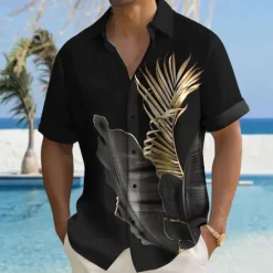 Clearance OUKU Men's Palm Leaf Tropical Plants Summer Hawaiian Shirt Aloha Shirt Short Sleeves Shirt Turndown Hawaiian Casual Resort Outdoor Vacation Street Black Grey Black Gold S M L