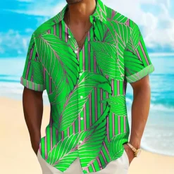 OUKU Men's Palm Leaf Tropical Plants Summer Hawaiian Shirt Button Up Shirt Short Sleeve Hawaiian Resort Vacation Holiday Beach Wear Summer Spring Turndown Collared Shirts Front One Pocket Blue Sky Blue