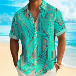 OUKU Men's Palm Leaf Tropical Plants Summer Hawaiian Shirt Button Up Shirt Short Sleeve Hawaiian Resort Vacation Holiday Beach Wear Summer Spring Turndown Collared Shirts Front One Pocket Blue Sky Blue