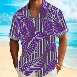 OUKU Men's Palm Leaf Tropical Plants Summer Hawaiian Shirt Button Up Shirt Short Sleeve Hawaiian Resort Vacation Holiday Beach Wear Summer Spring Turndown Collared Shirts Front One Pocket Blue Sky Blue