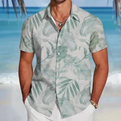 Online OUKU Men's Palm Leaf Tropical Plants Shirt Summer Hawaiian Shirt Button Up Shirt Short Sleeve Hawaiian Resort Vacation Holiday Beach Wear Summer Spring Turndown 3D Print Collared Shirts Blue Green