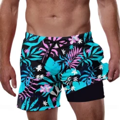 Sale OUKU Men's Palm Leaf Tropical Plants Lined Shorts 2 in 1 Board Shorts Swim Shorts Mid Waist Hawaiian Vacation Beach Wear Side Pockets With Compression Liner Elastic Drawstring Waist Designer Clothing