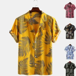 Best OUKU Men's Palm Leaf Tropical Plants Shirt Summer Hawaiian Shirt Camp Collar Shirt Short Sleeve Shirt Collar Turndown Fashion Hawaiian Designer Outdoor Vacation Street Yellow Pink Green Print S M L