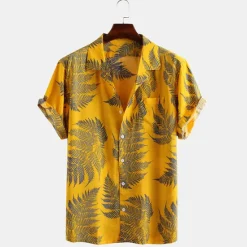 Best OUKU Men's Palm Leaf Tropical Plants Shirt Summer Hawaiian Shirt Camp Collar Shirt Short Sleeve Shirt Collar Turndown Fashion Hawaiian Designer Outdoor Vacation Street Yellow Pink Green Print S M L
