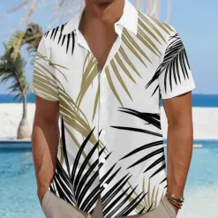 Hot OUKU Men's Palm Leaf Tropical Plants Summer Hawaiian Shirt Aloha Shirt Short Sleeves Shirt Turndown Hawaiian Casual Resort Outdoor Vacation Street White #2 White S M L