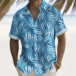 OUKU Men's Palm Leaf Tropical Plants Summer Hawaiian Shirt Button Up Shirt Aloha Shirt Short Sleeve Hawaiian Holiday Beach Wear Summer Spring Turndown 3D Print Collared Shirts Front One Pocket White Blue