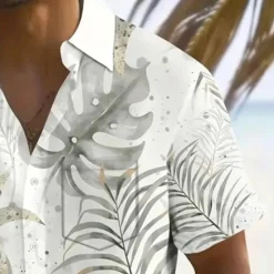 OUKU Men's Palm Leaf Tropical Plants Summer Hawaiian Shirt Button Up Shirt Aloha Shirt Short Sleeve Hawaiian Holiday Beach Wear Summer Spring Turndown 3D Print Collared Shirts Front One Pocket White Blue