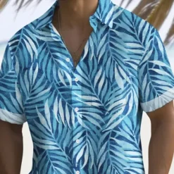 OUKU Men's Palm Leaf Tropical Plants Summer Hawaiian Shirt Button Up Shirt Aloha Shirt Short Sleeve Hawaiian Holiday Beach Wear Summer Spring Turndown 3D Print Collared Shirts Front One Pocket White Blue