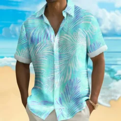 Best OUKU Men's Palm Leaf Tropical Plants Shirt Summer Hawaiian Shirt Button Up Shirt Short Sleeve Hawaiian Resort Vacation Holiday Beach Wear Summer Spring Turndown 3D Print Collared Shirts Blue Purple Green