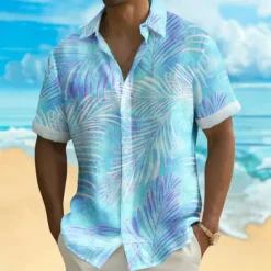 Best OUKU Men's Palm Leaf Tropical Plants Shirt Summer Hawaiian Shirt Button Up Shirt Short Sleeve Hawaiian Resort Vacation Holiday Beach Wear Summer Spring Turndown 3D Print Collared Shirts Blue Purple Green