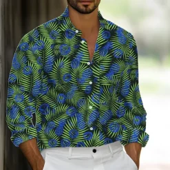 New OUKU Men's Palm Leaf Tropical Plants Shirt Summer Hawaiian Shirt Button Up Shirt Long Sleeve Hawaiian Holiday Streetwear Summer Spring Turndown 3D Print Collared Shirts Blue Green Rose Red