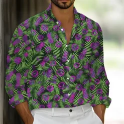 New OUKU Men's Palm Leaf Tropical Plants Shirt Summer Hawaiian Shirt Button Up Shirt Long Sleeve Hawaiian Holiday Streetwear Summer Spring Turndown 3D Print Collared Shirts Blue Green Rose Red