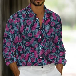 New OUKU Men's Palm Leaf Tropical Plants Shirt Summer Hawaiian Shirt Button Up Shirt Long Sleeve Hawaiian Holiday Streetwear Summer Spring Turndown 3D Print Collared Shirts Blue Green Rose Red