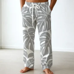 Discount OUKU Men's Palm Leaf Tropical Plants Trousers Baggy Pants Casual Pants Mid Waist Hawaiian Vacation Holiday Beach Wear Elastic Waist Wide Leg Drawstring Summer Spring 3D Print Blue Green Gray