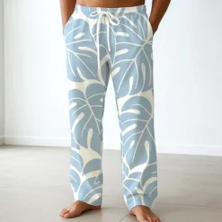 Discount OUKU Men's Palm Leaf Tropical Plants Trousers Baggy Pants Casual Pants Mid Waist Hawaiian Vacation Holiday Beach Wear Elastic Waist Wide Leg Drawstring Summer Spring 3D Print Blue Green Gray