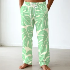 Discount OUKU Men's Palm Leaf Tropical Plants Trousers Baggy Pants Casual Pants Mid Waist Hawaiian Vacation Holiday Beach Wear Elastic Waist Wide Leg Drawstring Summer Spring 3D Print Blue Green Gray